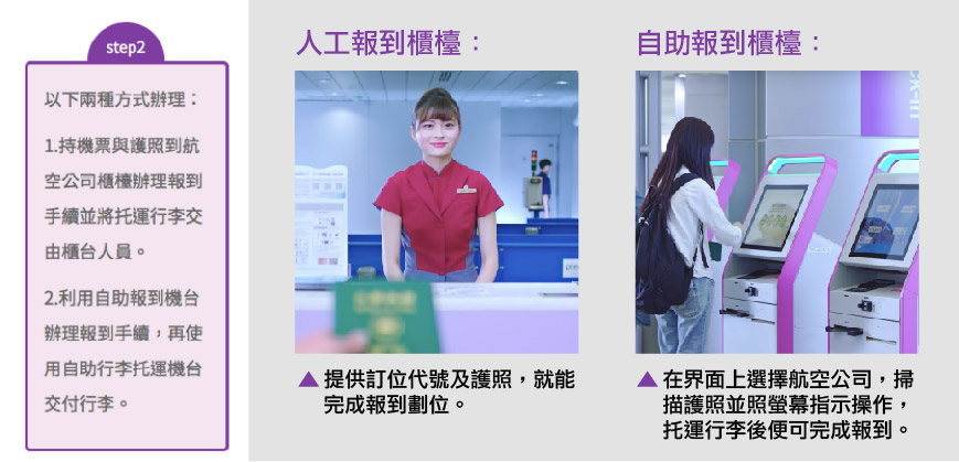 預辦登機托運:人工櫃檯報到或是自助櫃檯報到